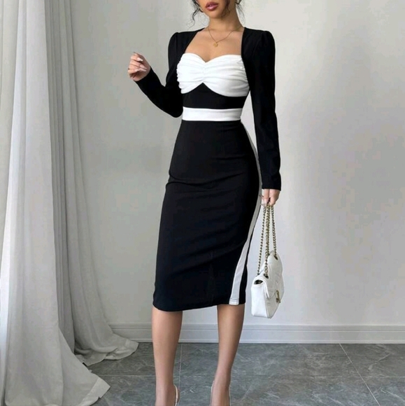 Sexy Black & White Color Block Square Neck Long Sleeve Bodycon Dress - Picture 5 of 5